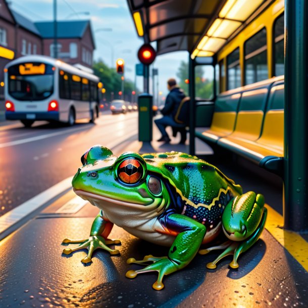 Image of a resting of a frog on the bus stop