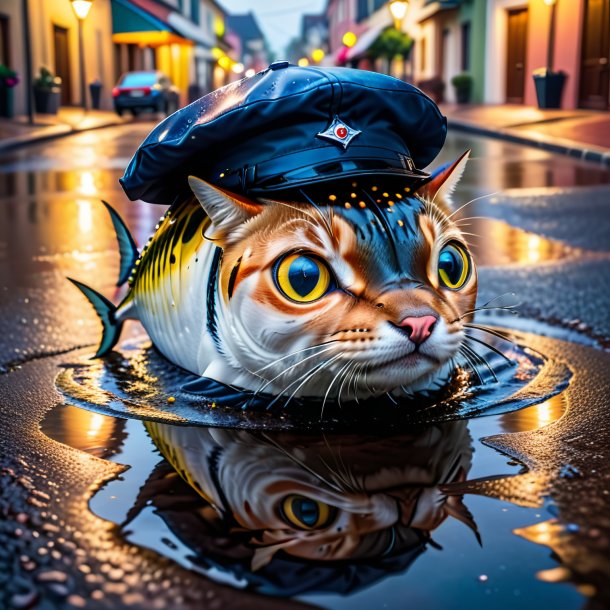 Foto de un atún en una gorra en el charco