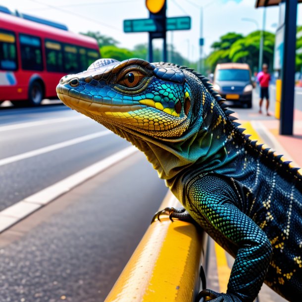 Imagem de um lagarto monitor em um cinto no ponto de ônibus