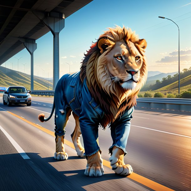 Illustration d'un lion dans un jean sur l'autoroute