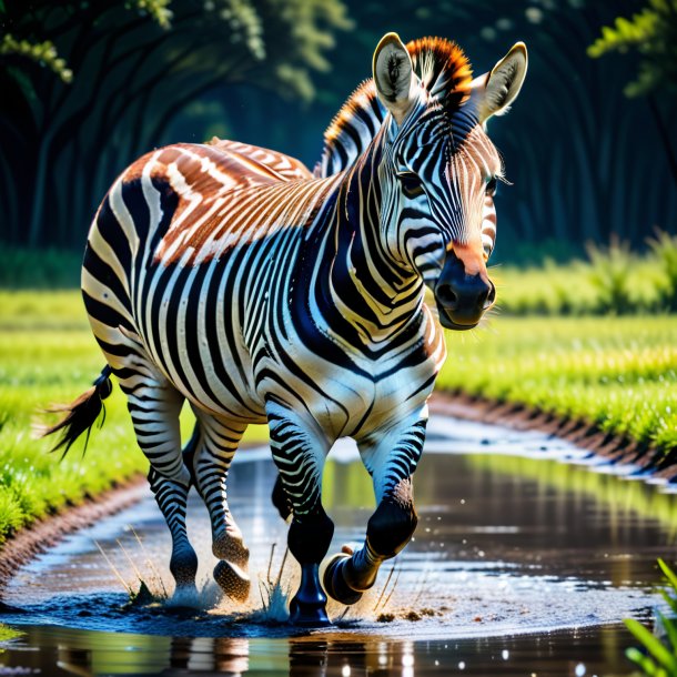 Foto de uma zebra em um colete na poça