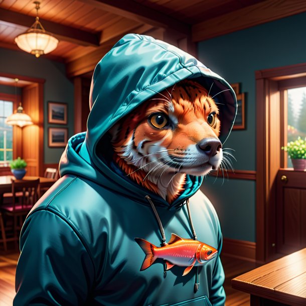 Illustration of a salmon in a hoodie in the house