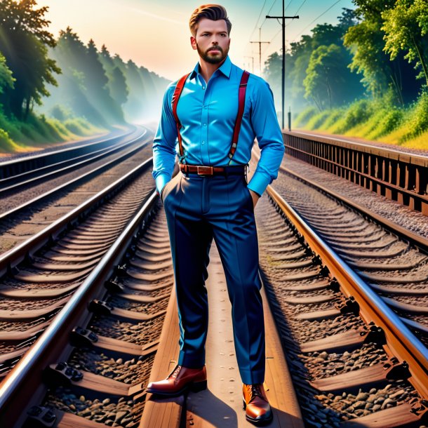 Picture of a haddock in a trousers on the railway tracks