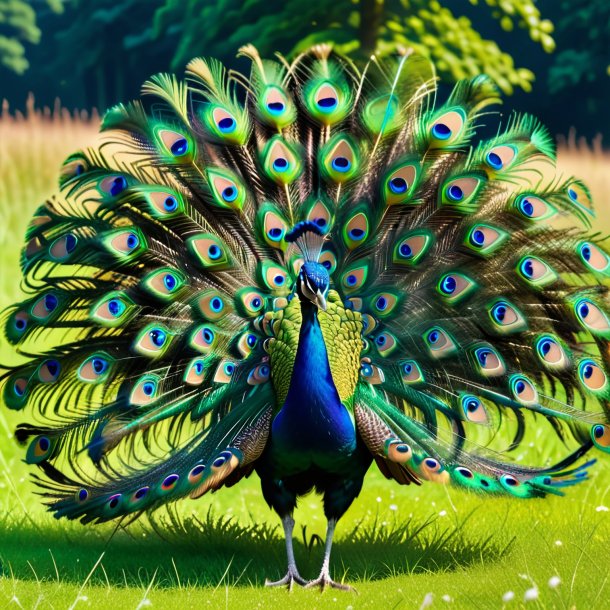 Image of a playing of a peacock in the meadow