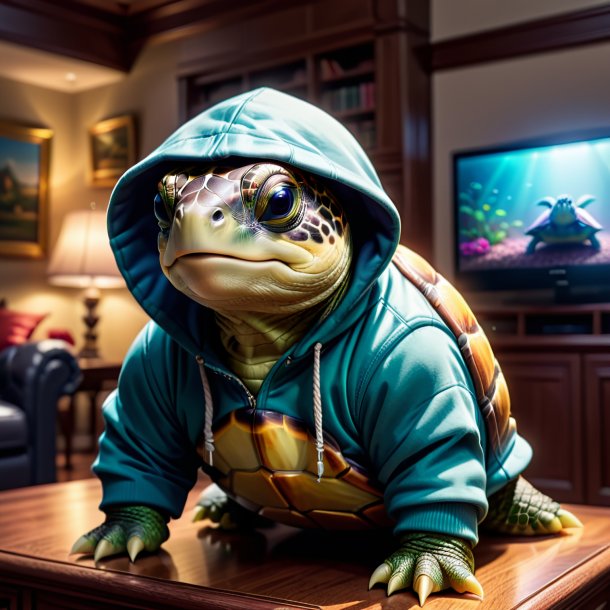 Image of a turtle in a hoodie in the house