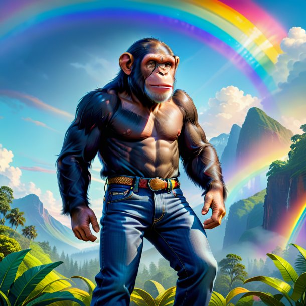 Illustration of a chimpanzee in a jeans on the rainbow