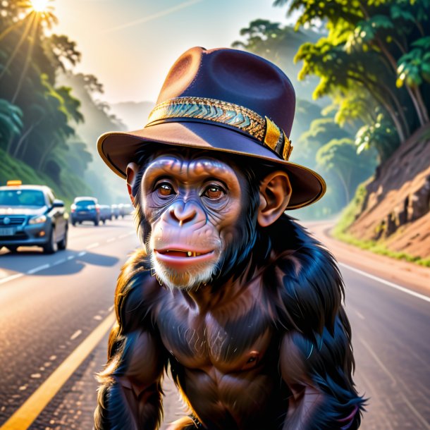 Pic of a chimpanzee in a hat on the road