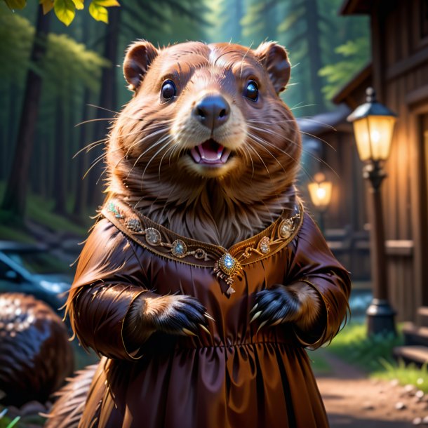 Image of a beaver in a brown dress