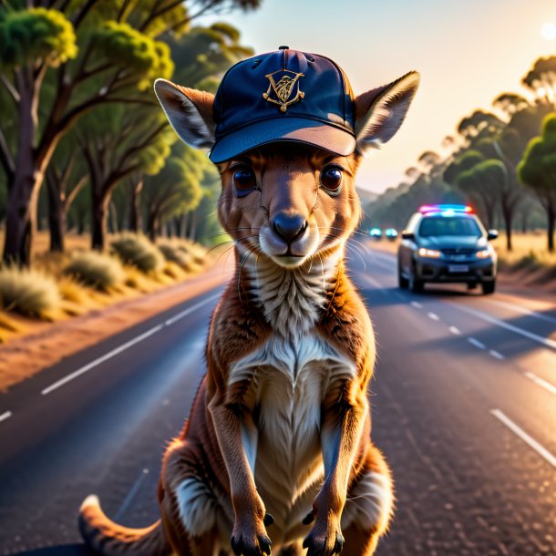 Photo d'un kangourou dans une casquette sur la route