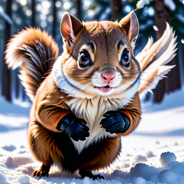 Foto de una ardilla voladora en guantes en la nieve