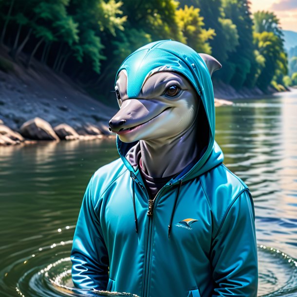 Image of a dolphin in a hoodie in the river