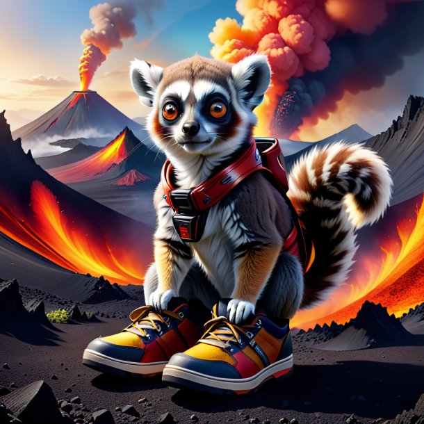 Illustration of a lemur in a shoes in the volcano