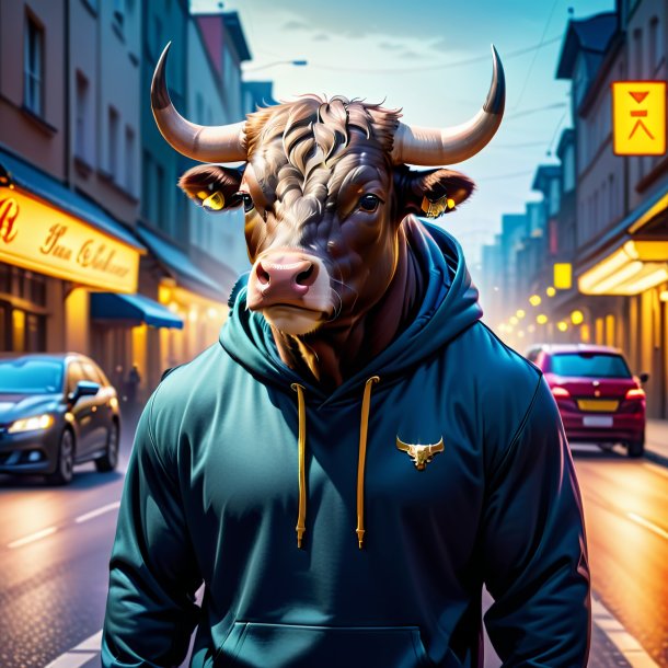 Image of a bull in a hoodie on the road