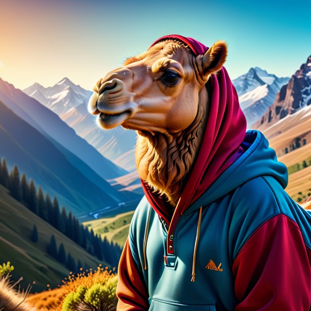 Pic of a camel in a hoodie in the mountains