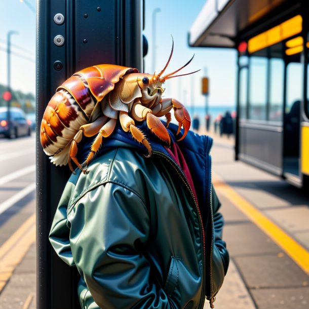 Image of a hermit crab in a jacket on the bus stop