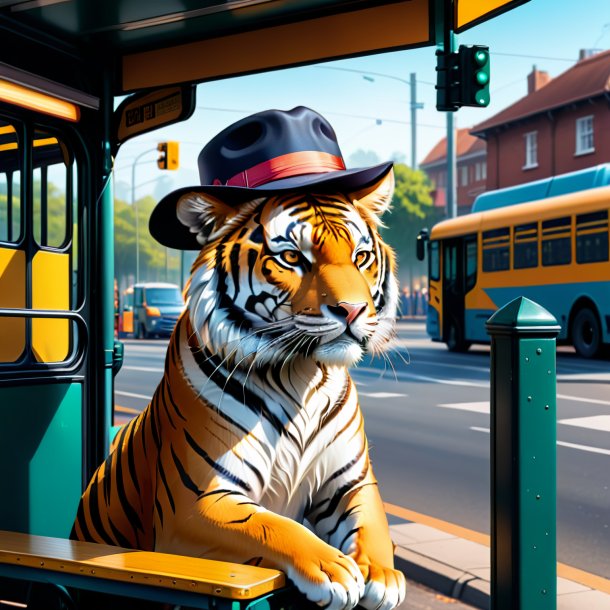 Illustration d'un tigre dans un chapeau sur l'arrêt de bus