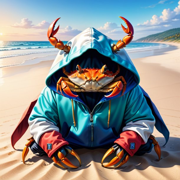 Illustration of a crab in a hoodie on the beach