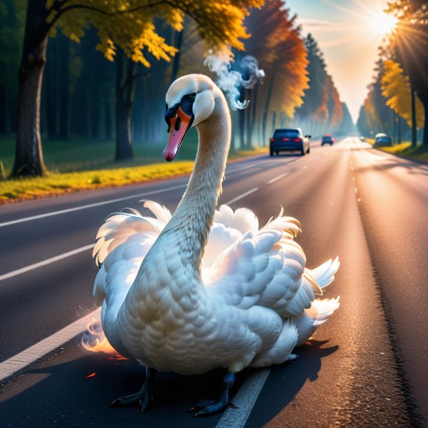 Photo of a smoking of a swan on the road