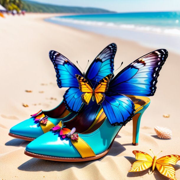 Foto de una mariposa en un zapato en la playa