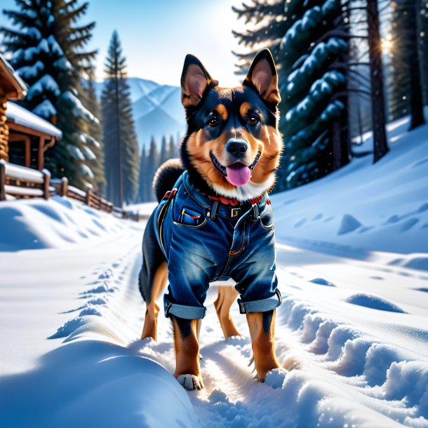 Photo of a dog in a jeans in the snow