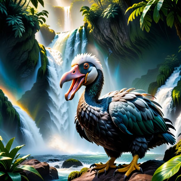 Photo of a threatening of a dodo in the waterfall