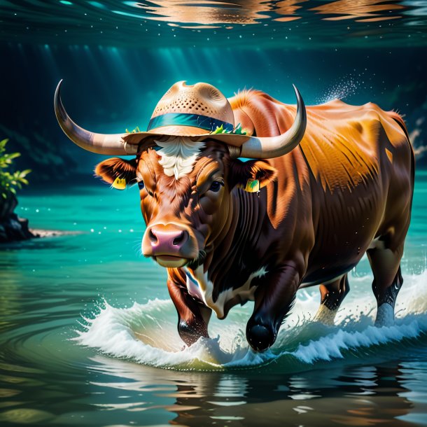 Photo of a bull in a hat in the water