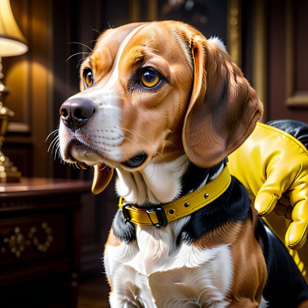 Photo d'une beagle dans un gants jaune