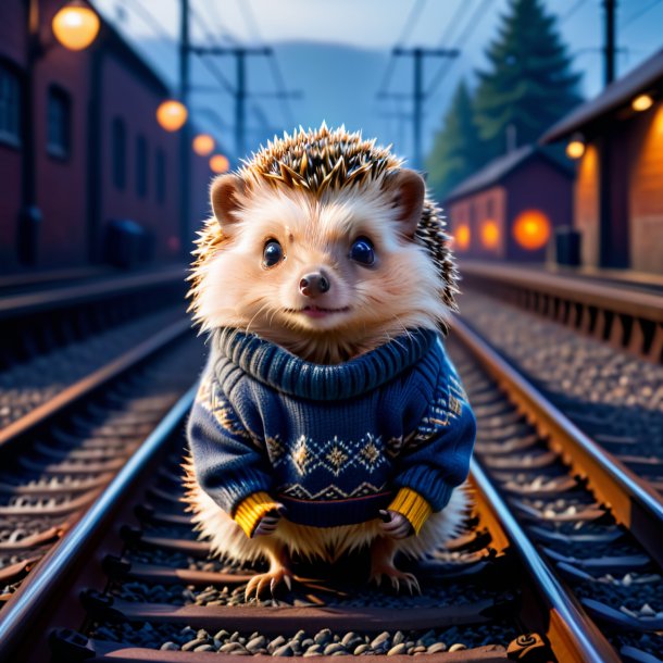 Photo of a hedgehog in a sweater on the railway tracks