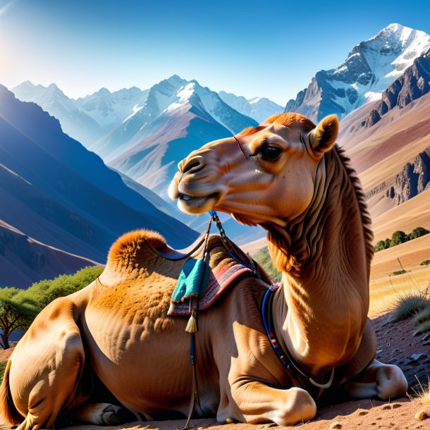 Image of a resting of a camel in the mountains