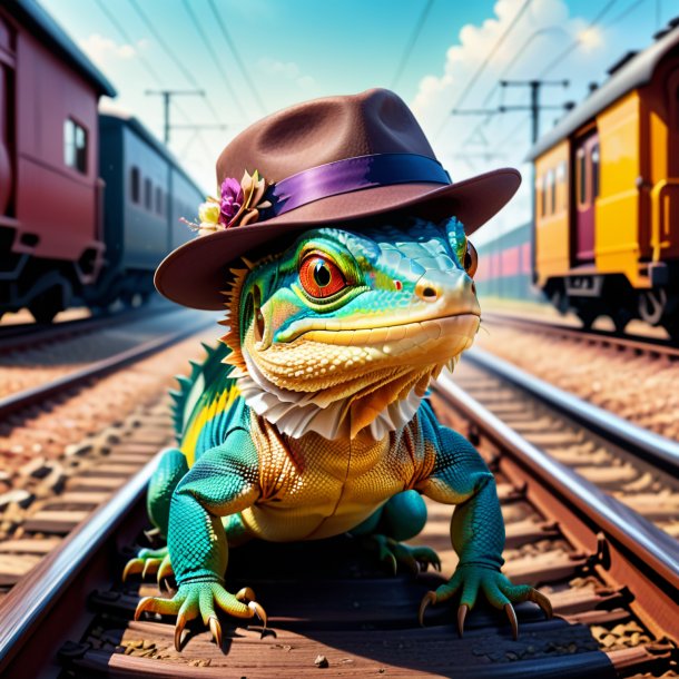 Ilustração de um lagarto em um chapéu nos trilhos ferroviários