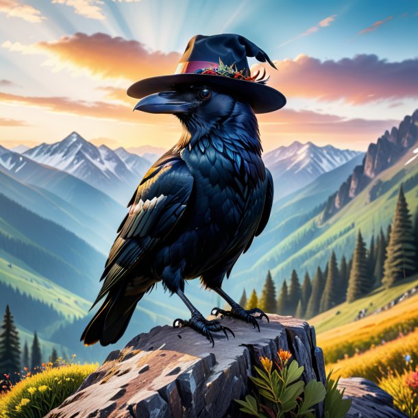 Photo of a crow in a hat in the mountains