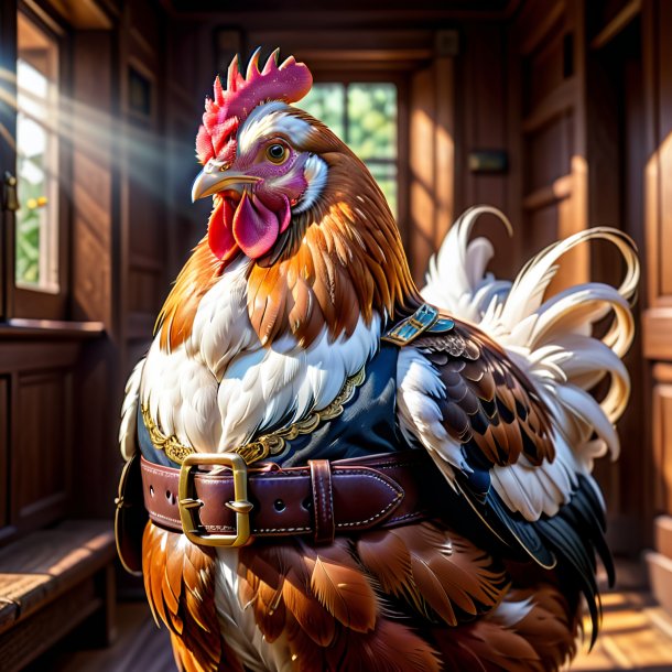 Image of a hen in a belt in the house