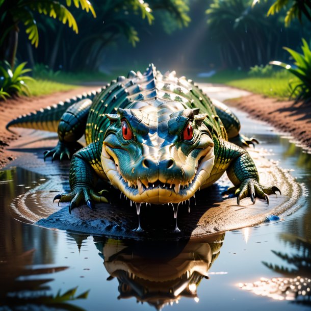 Image of a threatening of a crocodile in the puddle