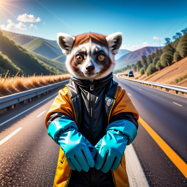 Imagen de un lémur en guantes en la carretera