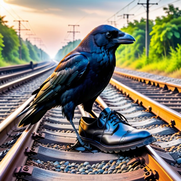 Foto de un cuervo en los zapatos en las vías del tren