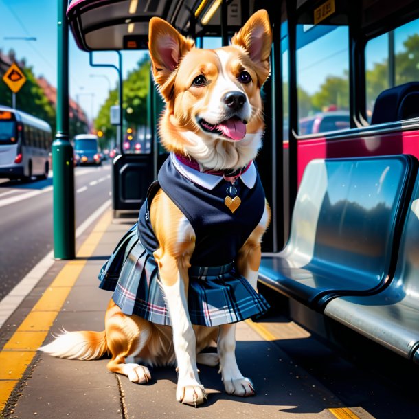 Imagem de um cão em uma saia no ponto de ônibus