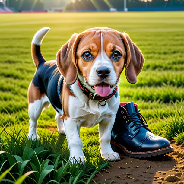 Pic of a beagle in a shoes on the field