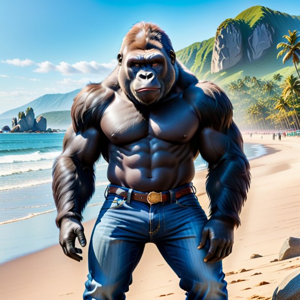 Picture of a gorilla in a jeans on the beach