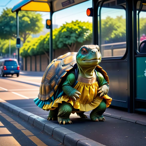 Image of a tortoise in a skirt on the bus stop