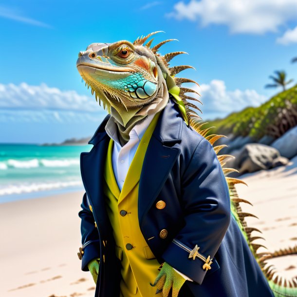 Pic of a iguana in a coat on the beach