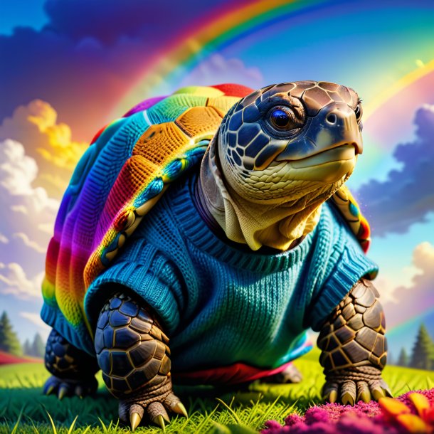 Photo d'une tortue dans un pull sur l'arc-en-ciel