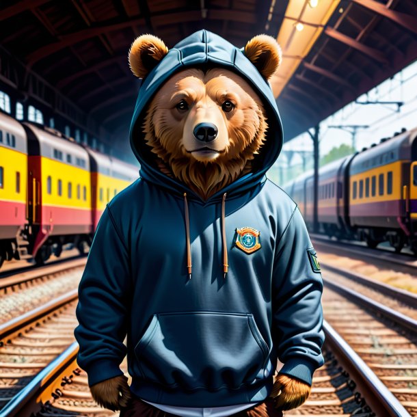 Imagem de um urso em um hoodie nos trilhos ferroviários