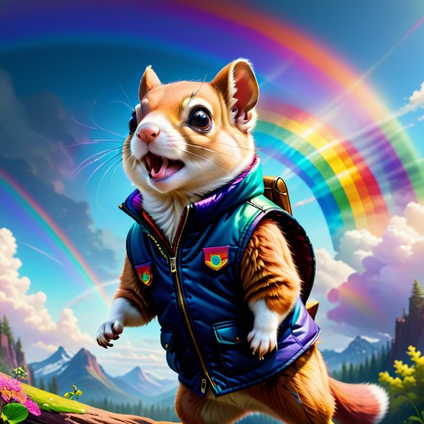 Illustration of a flying squirrel in a vest on the rainbow