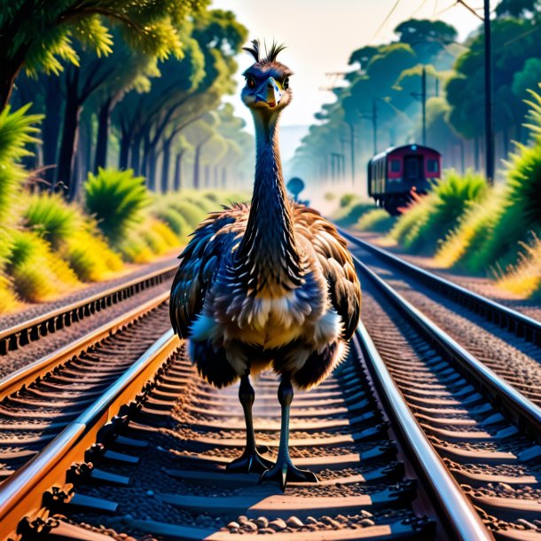 Foto de una natación de un emu en las vías del tren