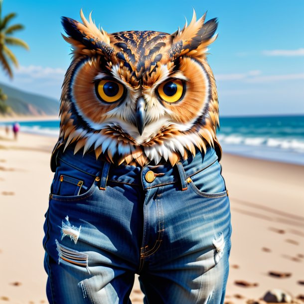 Foto de uma coruja em um jeans na praia