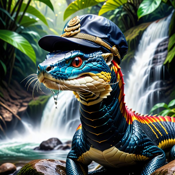 Image of a king cobra in a cap in the waterfall