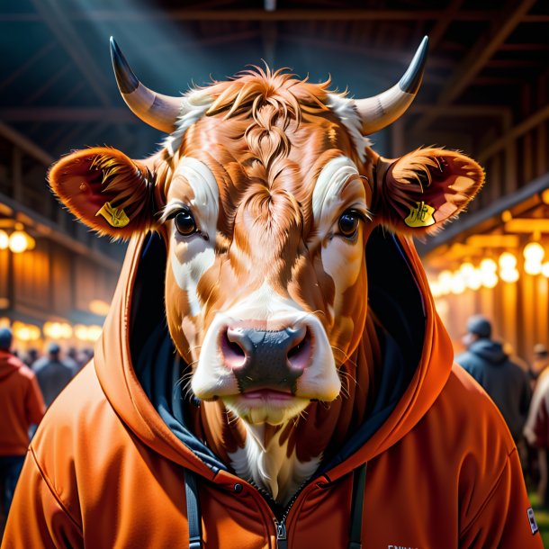 Picture of a cow in a orange hoodie