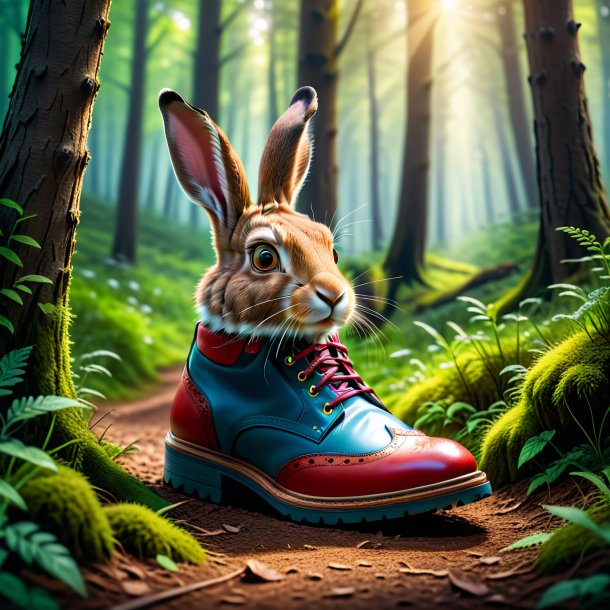 Photo of a hare in a shoes in the forest