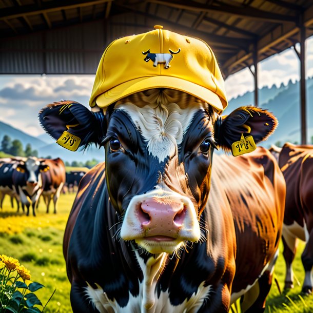 Image of a cow in a yellow cap