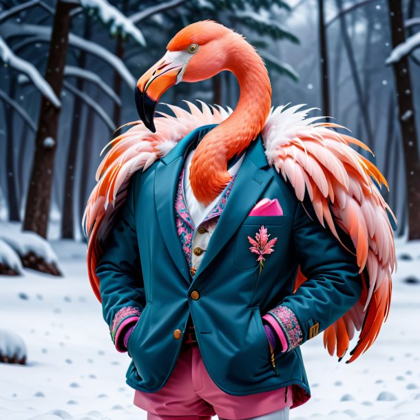 Photo of a flamingo in a jacket in the snow